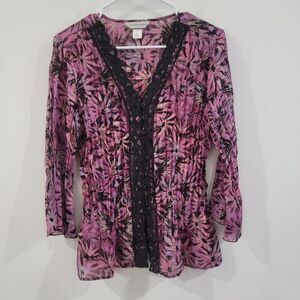 Christopher And Banks Womens Top Size Large Pleated Pink Floral Lace Trim Button